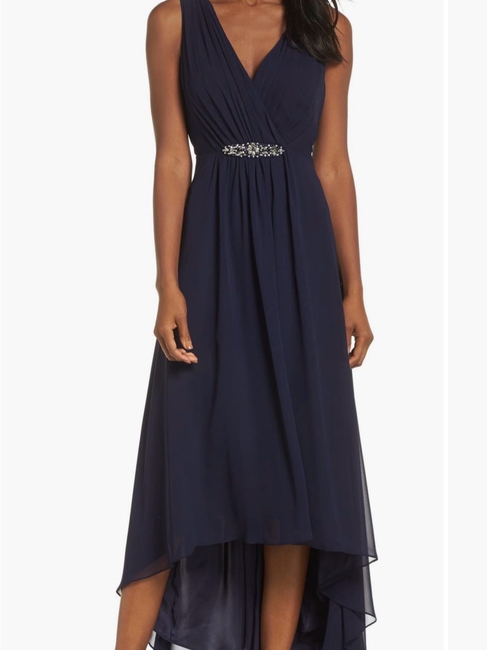Eliza J Navy Sleeveless High-Low Chiffon Dress with Beaded Waist Accent